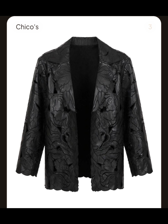 Chico's Jackets & Blazers - Chico's Black Floral JAQUARD Cutout Open Leather Blazer